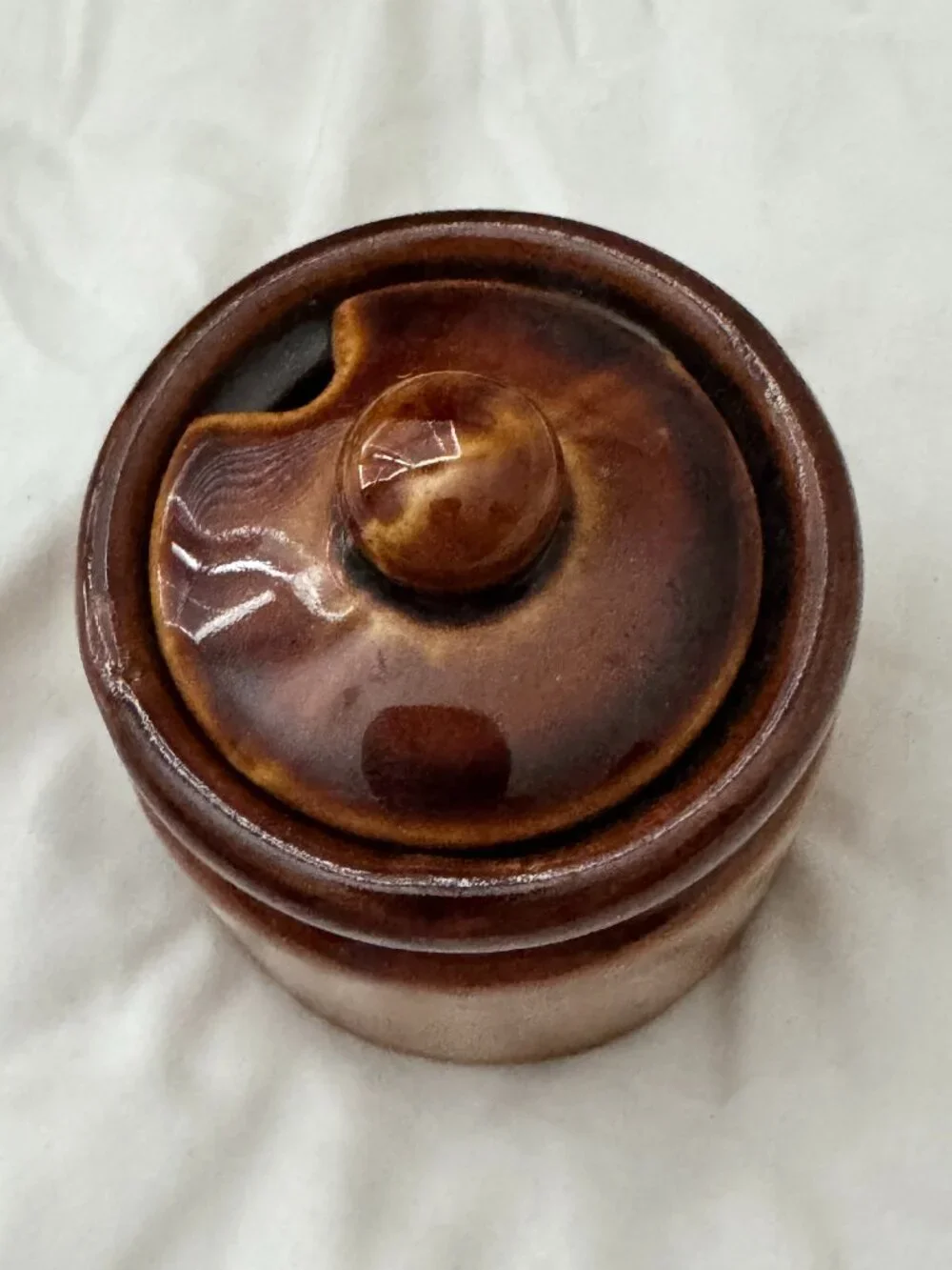 Vintage 1970s Brown Drip Glaze Ceramic Jam Pot / Sugar Crock with Lid
